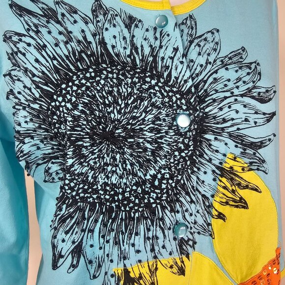 Smitten By Michael Simon Sunflower Print Cardigan M Button Up Beaded Art to Wear - Picture 4 of 8